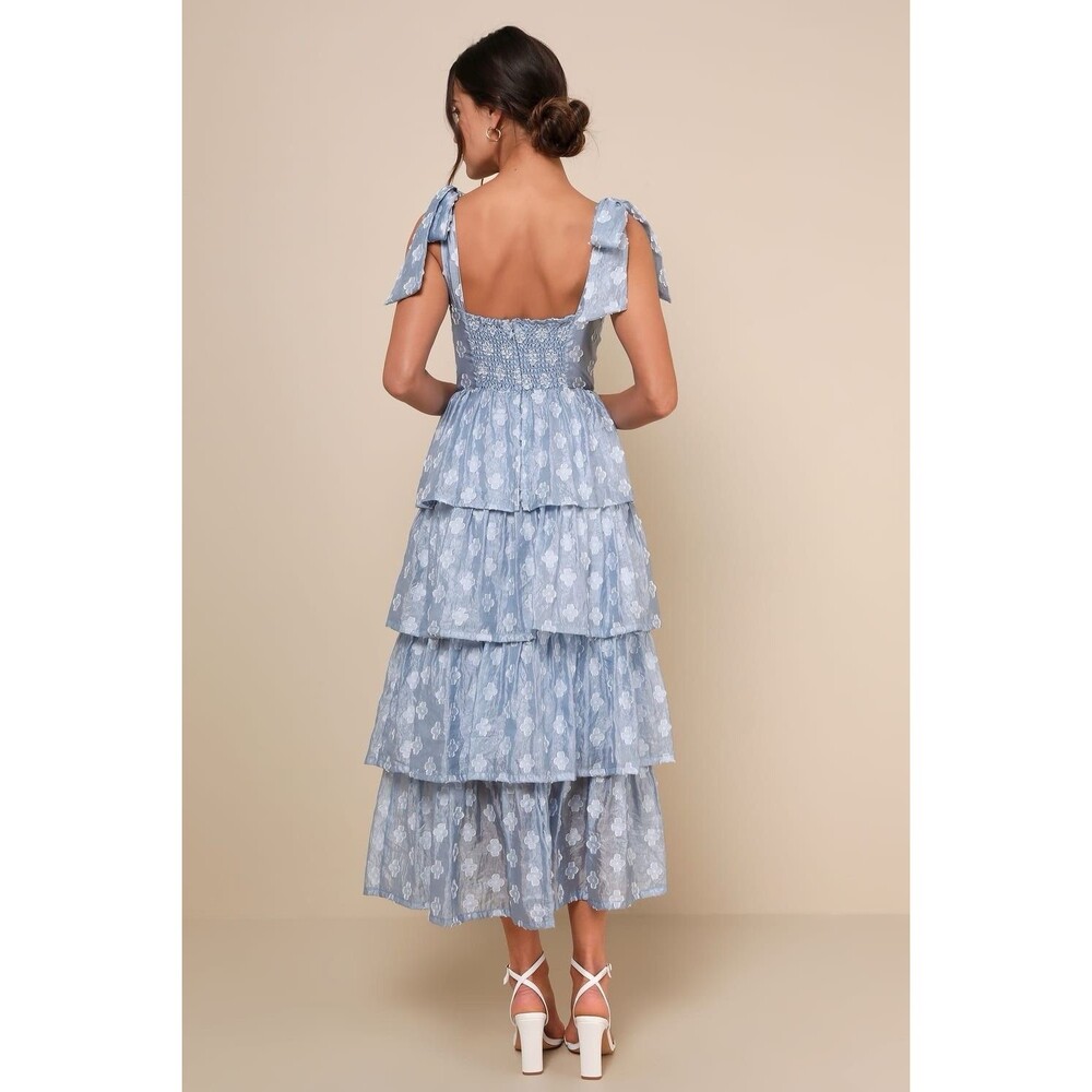 Lulus Gorgeous Excellence Light Blue Tiered Midi Floral Burnout Corset Size XS - Picture 2 of 11